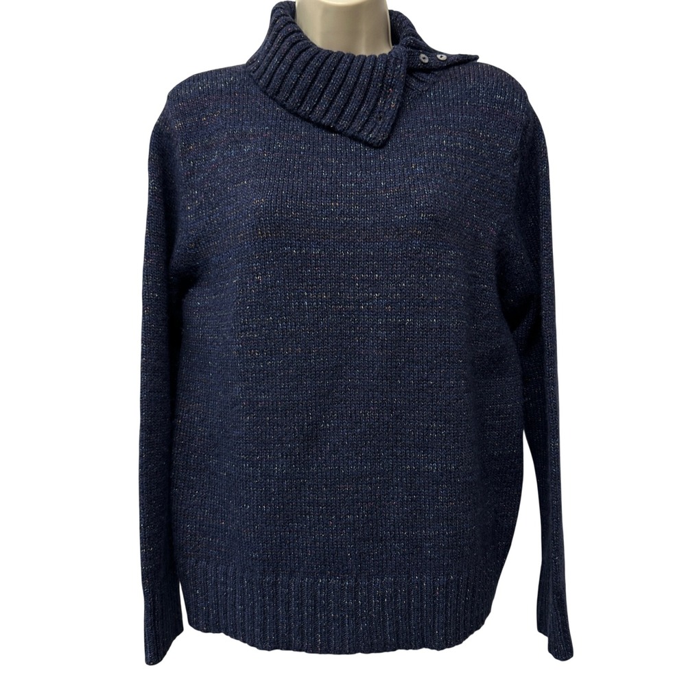 Karen Scott Navy Blue Marl Multi-Color Fleck Button Mock Neck Sweater Women L